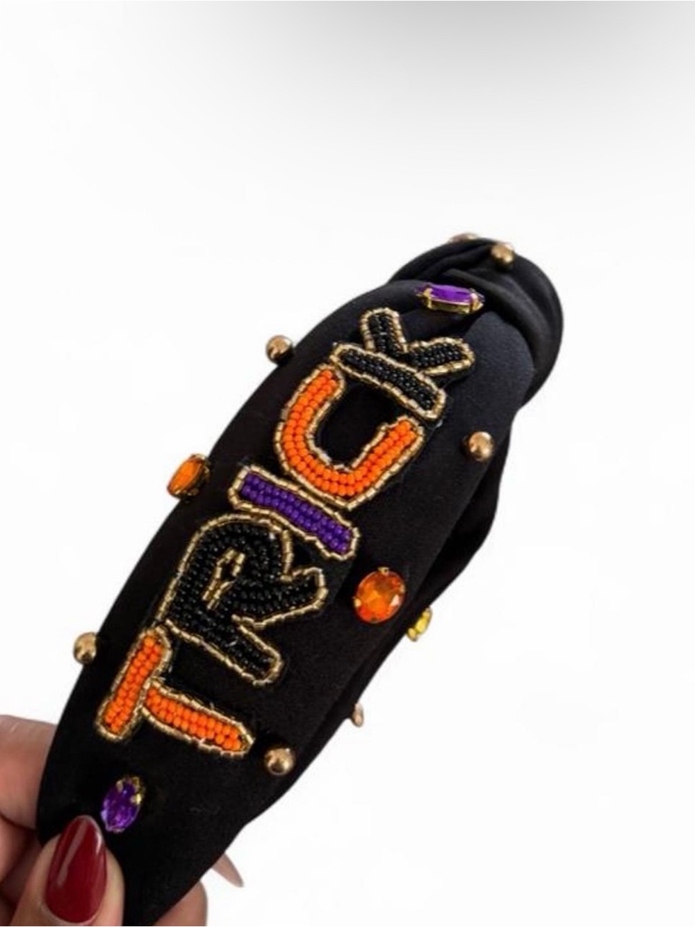 Black Padded Headband with Orange & Purple Beaded Lettering